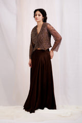 V- Neck Brown Embroidered Sharara Set