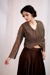 V- Neck Brown Embroidered Sharara Set