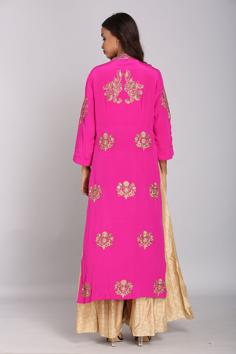 Silk Purple Embroidered Yoke Jacket With Kalidar Palazzo