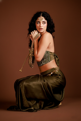 Embellished Olive Mirror-Work Corset Ensemble