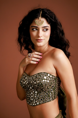 Embellished Olive Mirror-Work Corset Ensemble