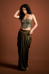 Embellished Olive Mirror-Work Corset Ensemble