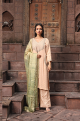 Kurta Set with Intricate Golden Dori Embroidery Paired with Pants &amp; Tissue Dupatta