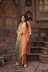Kurta Set with Intricate Golden Dori Embroidery Paired with Pants & Tissue Dupatta