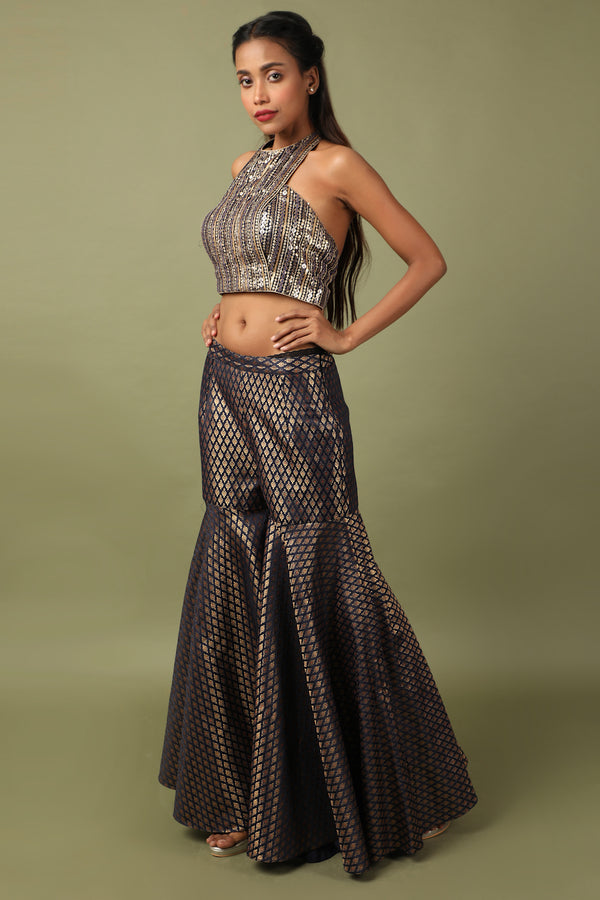 Embroidered Halter With Brocade Sharara