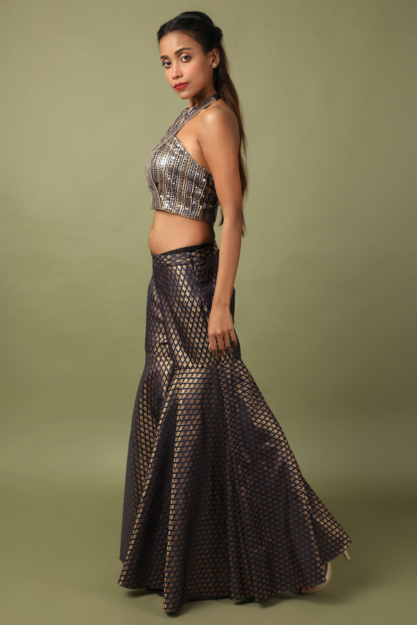 Embroidered Halter With Brocade Sharara