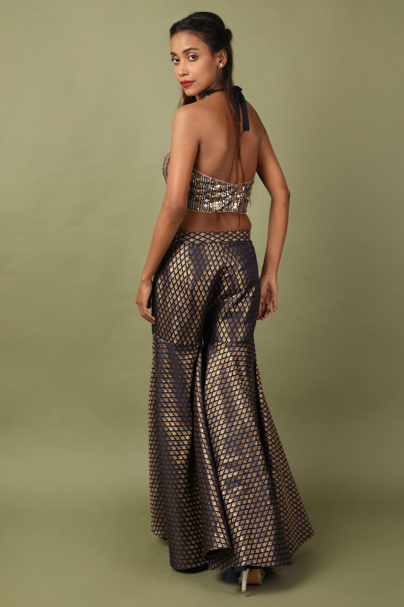 Embroidered Halter With Brocade Sharara