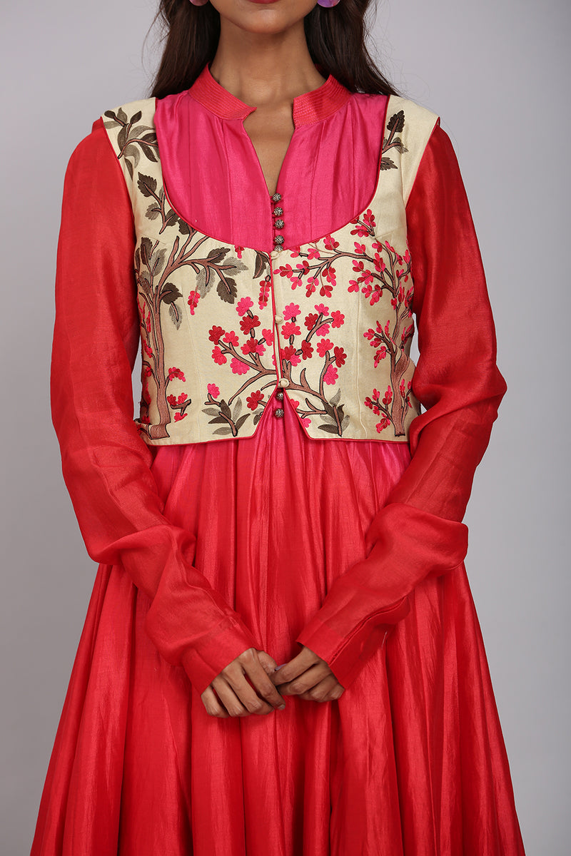 Chanderi Anarkali With Embroidered Jacket