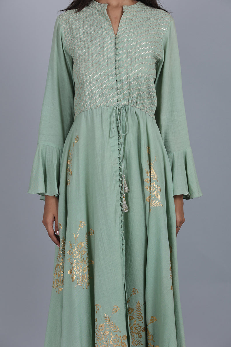 Light Green Gota And Foil Printed Asymmetrical Anarkali Ahens Fashion Light Green Gota And Foil Printed Asymmetrical Anarkali Ahens Fashion