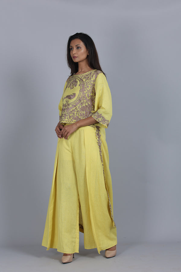 Yellow Asymmetrical Embroidered Co-ord Set