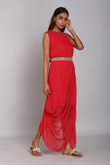 Stone embellished drape dress with belt