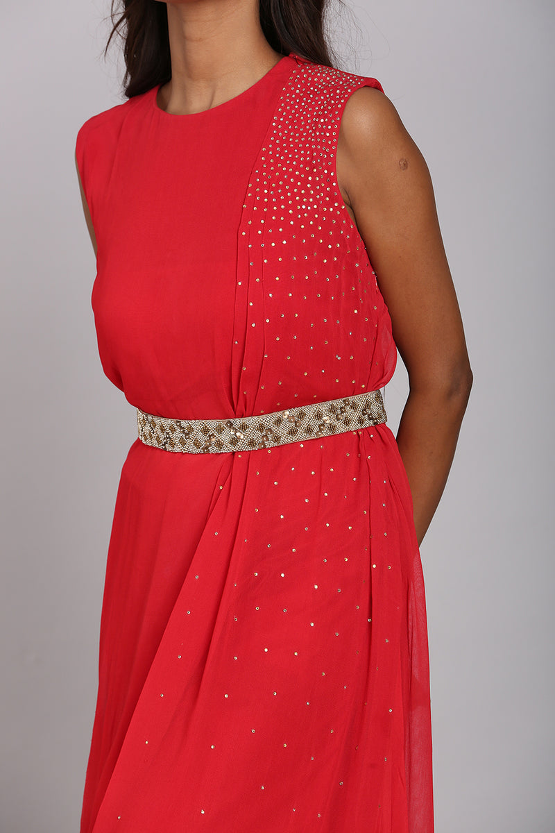 Stone embellished drape dress with belt