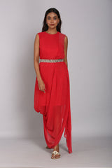 Stone embellished drape dress with belt