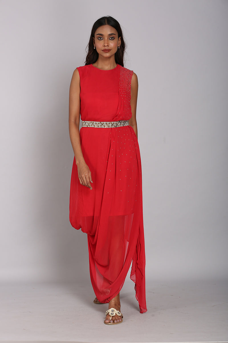 Stone embellished drape dress with belt