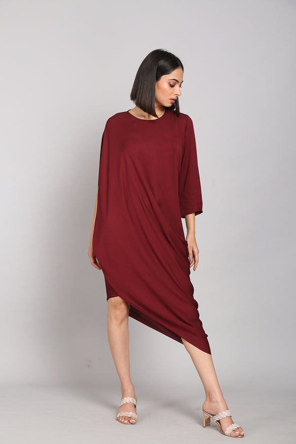 Asymmetrical Maroon Drape Dress