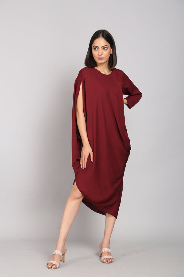 Asymmetrical Maroon Drape Dress