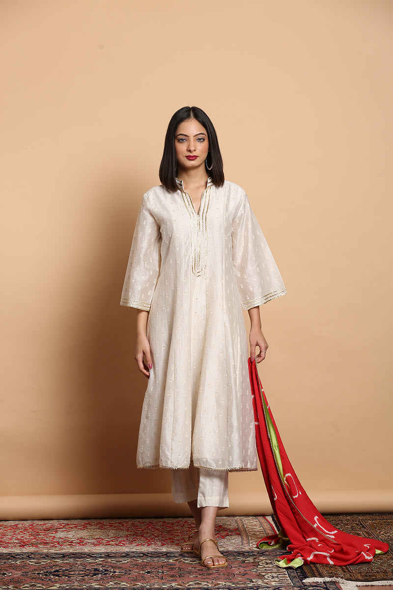 White And Gold Kalidar Kurta Set