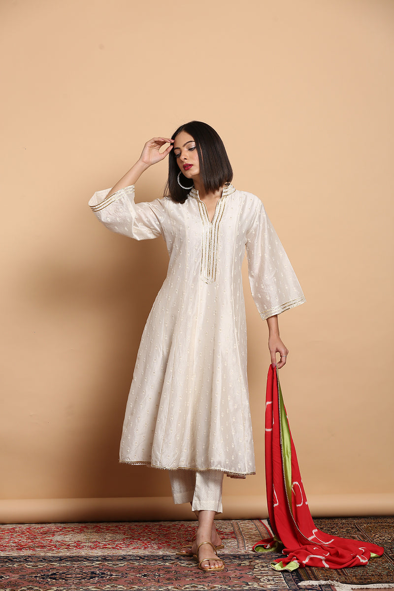 White And Gold Kalidar Kurta Set