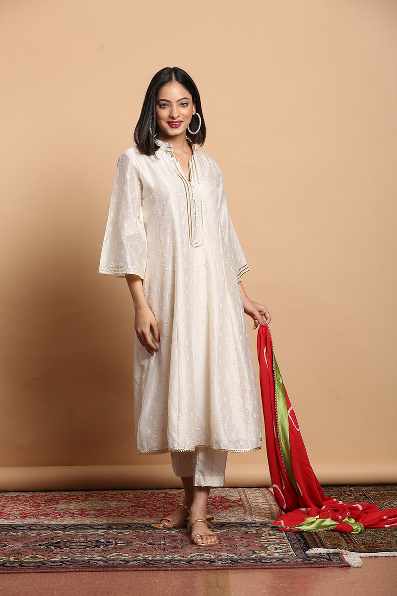 White And Gold Kalidar Kurta Set