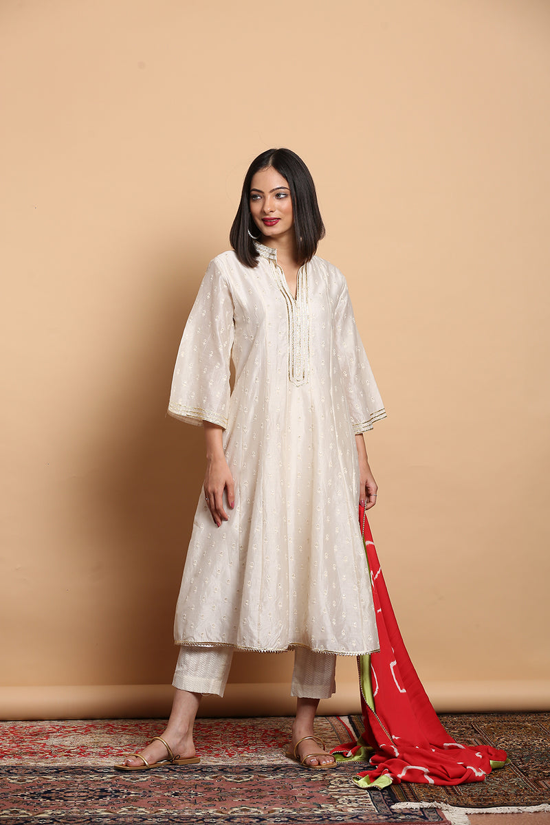 White And Gold Kalidar Kurta Set