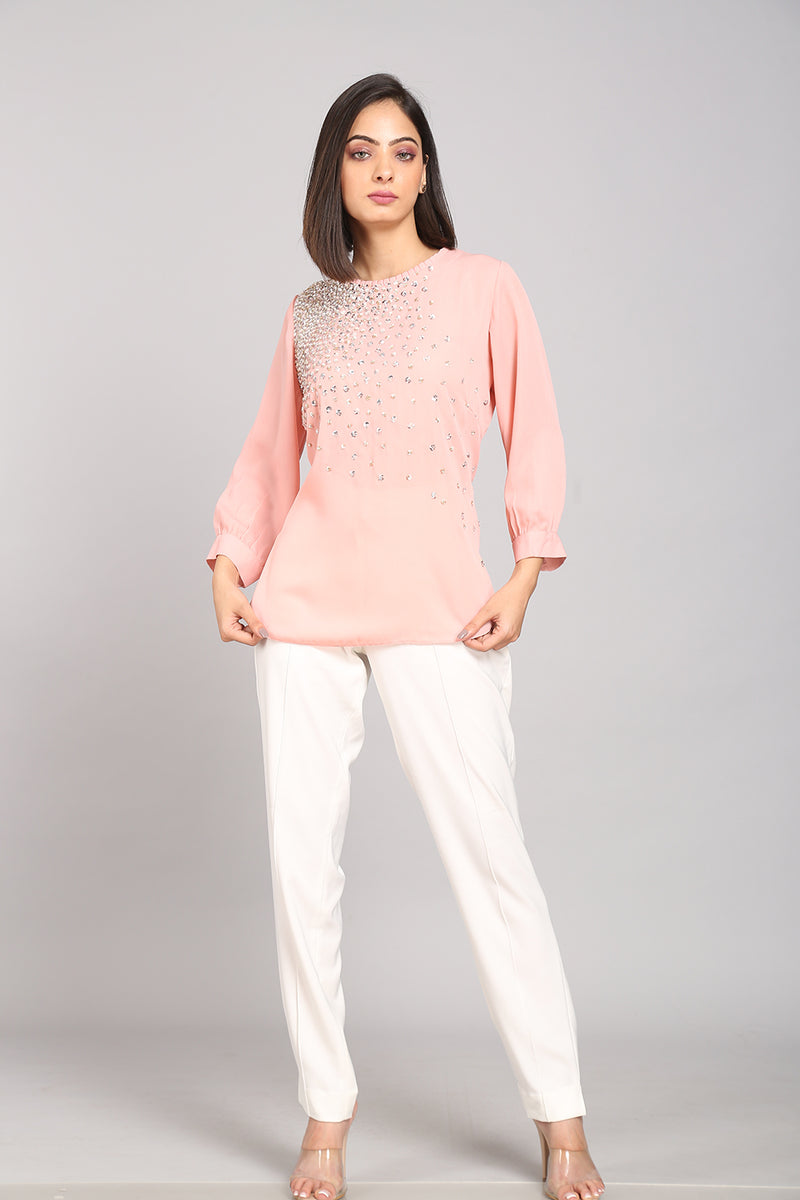 Pink Hand Embroidered Sequins Top
