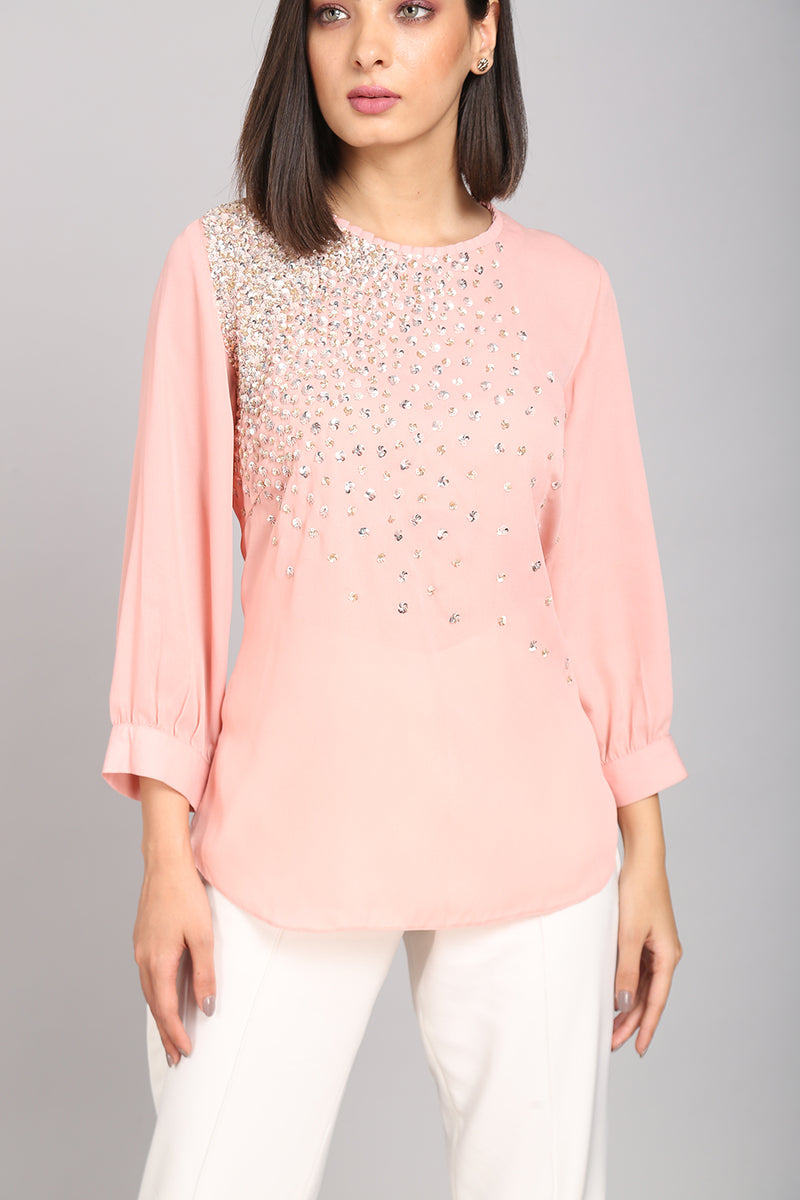 Pink Hand Embroidered Sequins Top