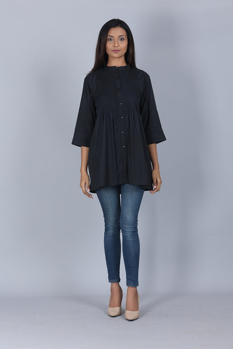 Black Cotton Tucks Tunic Top