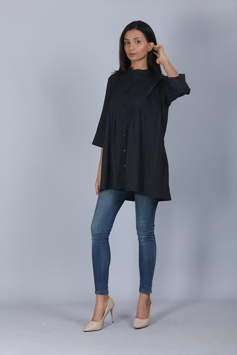 Black Cotton Tucks Tunic Top