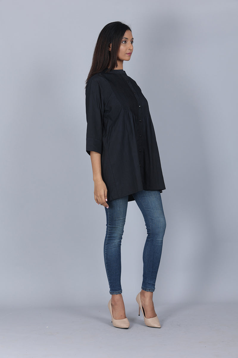 Black Cotton Tucks Tunic Top