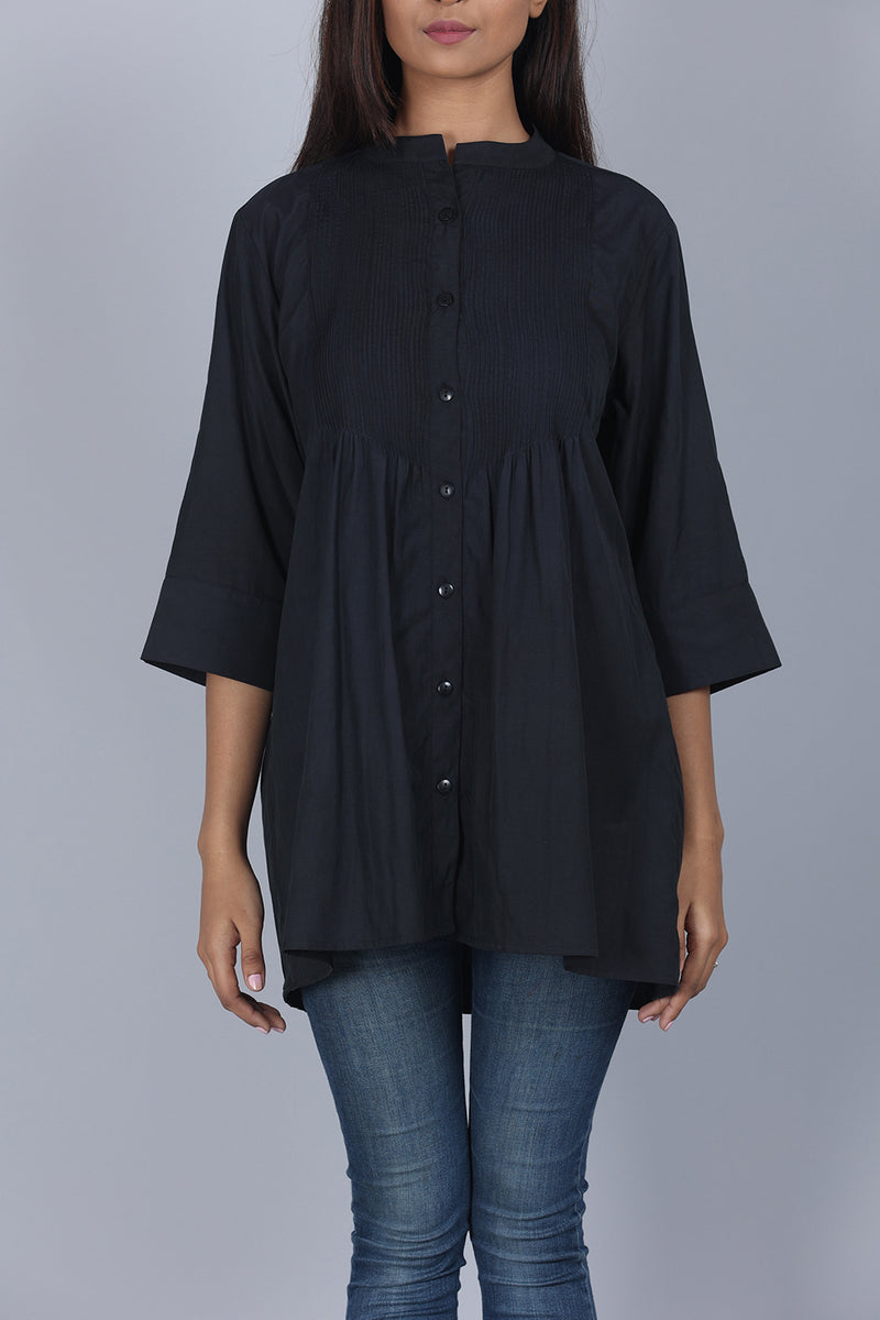 Black Cotton Tucks Tunic Top